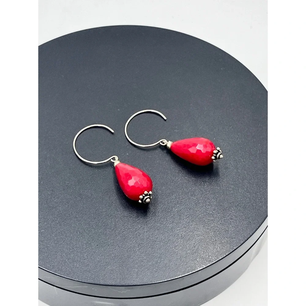 Genuine Red Jadeite‎ Sterling Silver 925 Dangle Earrings Faceted Teardrop 2